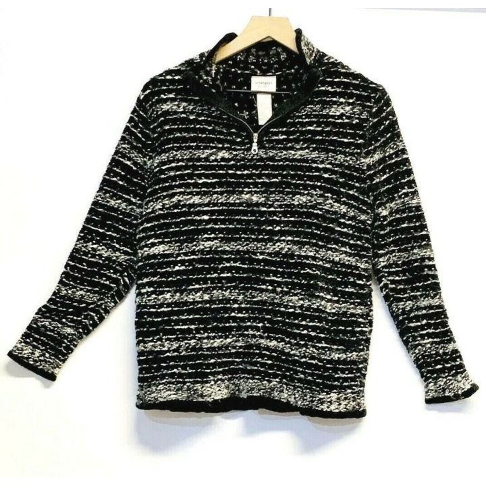 Monterey by Koret Womens Black Striped Boucle Quarter Zip Wool Blend Sweater L